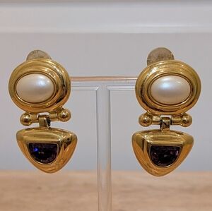 EUC Vintage Joan Rivers Faux Pearl and Amethyst Clip Earrings
